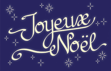 Carte de Noël avec un texte sur un fond bleu étoilé.