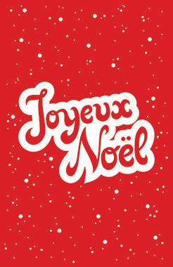 Carte de Noël avec un texte sur un fond rouge enneigé.