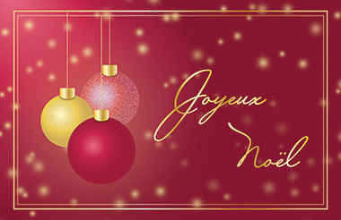 Carte de Noël dans les tons rouges représentant des boules de Noël