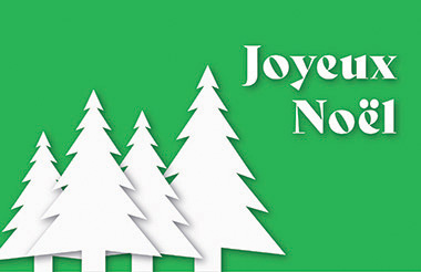 Carte de Noël représentant des sapins de style papier découpé blanc sur fond vert.