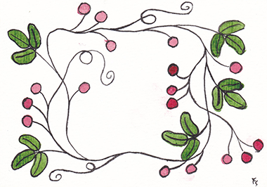 Carte avec un dessin à l'encre représententant des feuillages et des baies rouges.