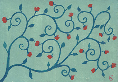 Carte à la gouache représentant des feuillades et des fleurs rouges.