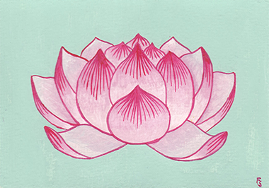 Carte à la gouache représentant une fleur de lotus rose.