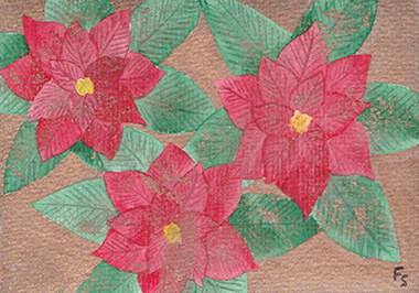 Carte à l'aquerelle sur un fond doré, représentant des poinsettias.