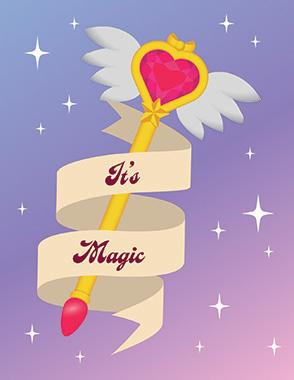 Carte postale représentant un sceptre de magical girl entouré d'une banderole sur laquelle est écrit It's magic.
