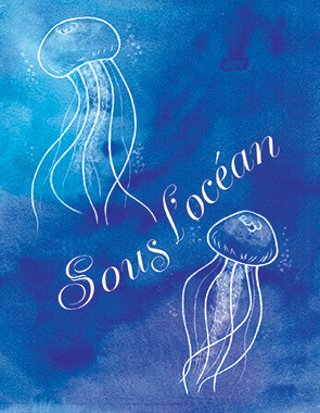 Carte postale représentant deux méduses blanches entourant le texte : Sous l'océan.