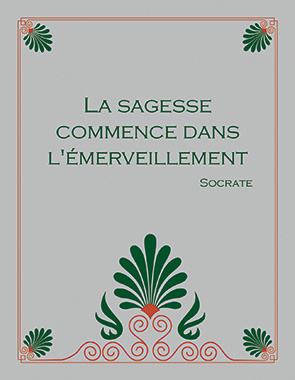 Carte postale représentant une citation de Socrate : La sagesse commence dans l'émerveillement, avec un décor de palme antique.