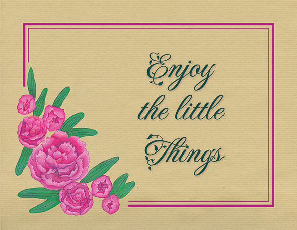 Carte postale représentant des pivoines avec le texte : Enjoy the little thing.
