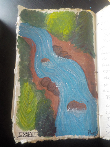 Pochade à la gouache représentant une rivière serpentant au milieu de la végétation.