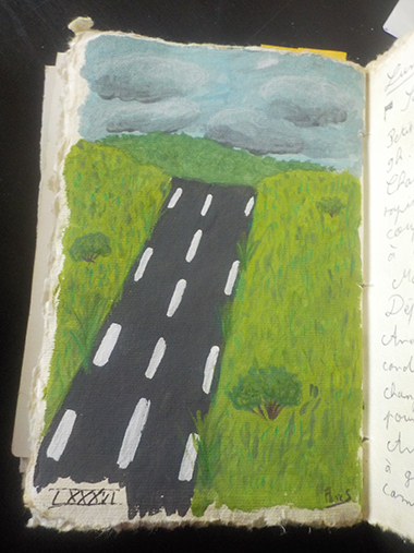 Pochade à la gouache représentant une route bitumée s'étendant à l'infini entre les prés.