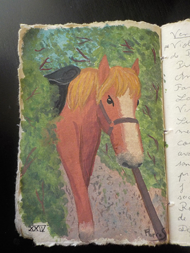 Pochade à la gouache représentant un cheval sortant de derrière des buissons.