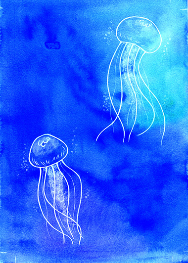 Aquarelle représentant des méduses blanches sur fond aquatique bleu