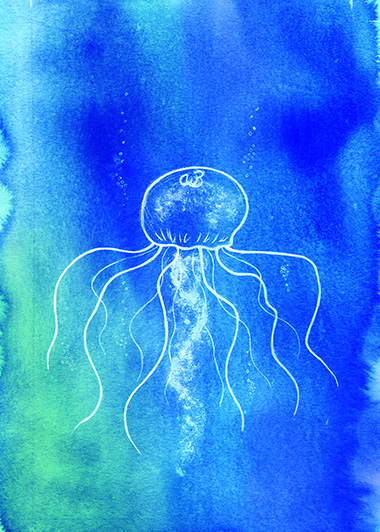 Aquarelle représentant des méduses blanches sur fond aquatique bleu