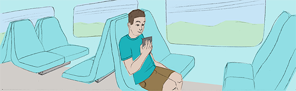 Illustration représentant un homme, dans un train, lisant sur une liseuse.