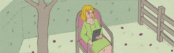 Illustration représentant une femme lisant sur une liseuse, assise dans un jardin.