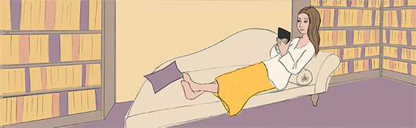 Illustration représentant une femme lisant sur une liseuse, confortablement assise sur un canapé.