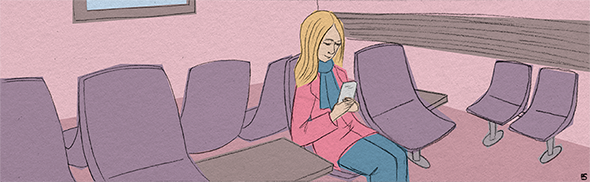 Illustration représentant une femme, assise dans une salle d'attente, lisant son téléphone.