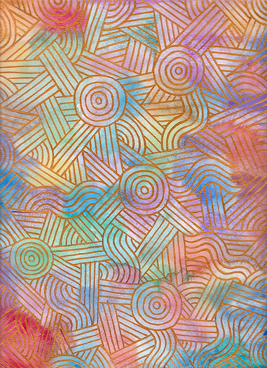 Forme géométrique cuivre peinte sur un fond multicolor aquarelle