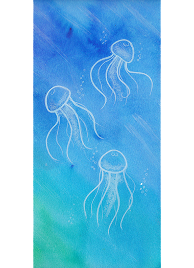 Aquarelle représentant des méduses blanches sur fond aquatique bleu