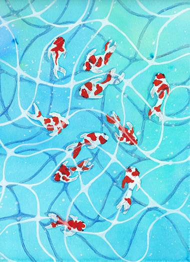 Aquarelle représentant des petits poissons rouges, nageant dans l'eau.