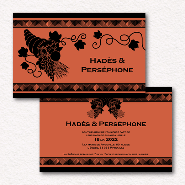 Invitation dans le style des céramiques antiques à figures noires représentant une corne d'abondance