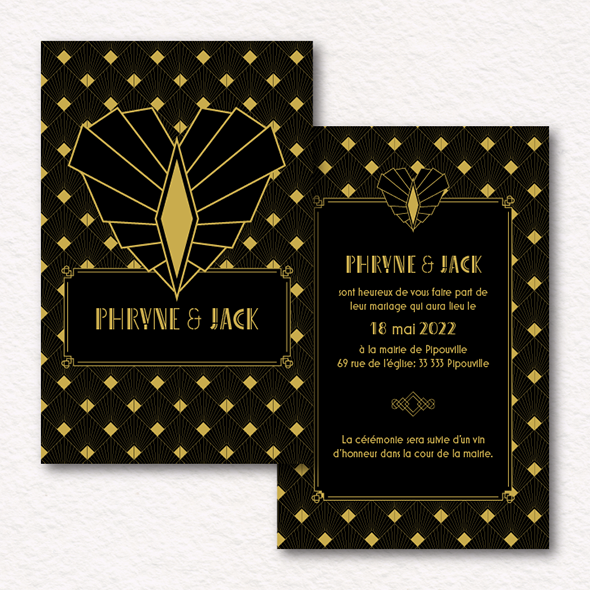 Invitation d'inspiration Art Déco avec un motif de cœur.