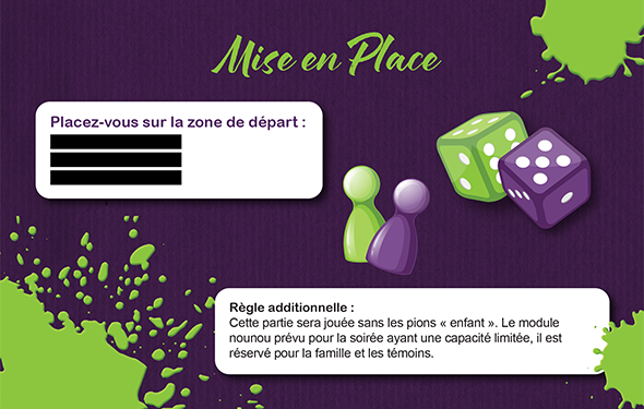 Invitation de mariage sur le thème des jeux de société, dans les tons vert et violet - page 2.