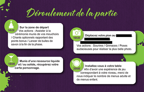 Invitation de mariage sur le thème des jeux de société, dans les tons vert et violet - page 3.