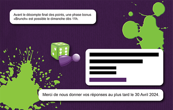 Invitation de mariage sur le thème des jeux de société, dans les tons vert et violet - page 4.