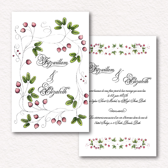 Invitation avec un motif représententant des feuillages et des baies rouges.