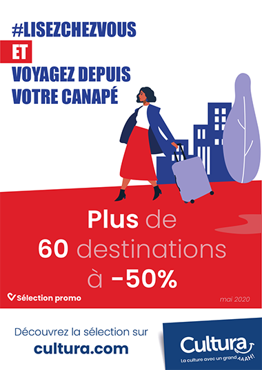 Affiche pour la promotion d'ebook sur le thème du voyage, représentant une femme tirant une valise.