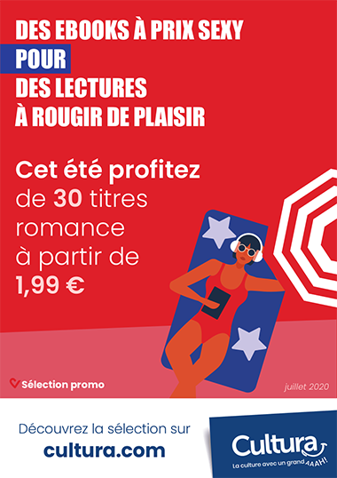 Affiche pour la promotion d'ebook de romances, représentant une femme lisant à la plage sous un parasol.