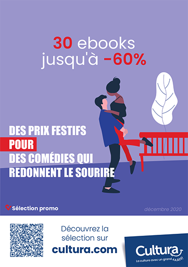 Affiche pour la promotion d'ebook de comédies, représentant un couple enlacé dans un parc.