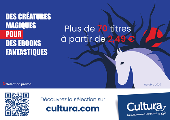 Affiche pour la promotion d'ebook de fantasy, représentant une licorne dans une forêt.