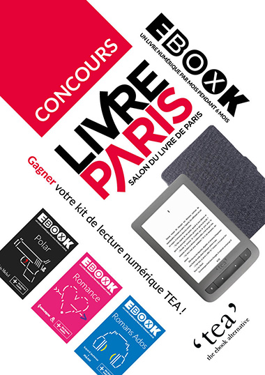 Affiche pour le salon Livre Paris, représentant une liseuse, sa house et des box Ebook.