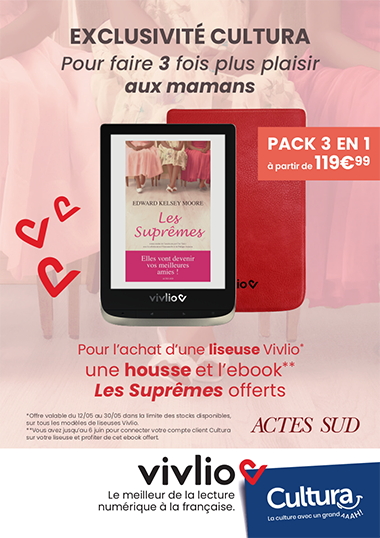 Affiche représentant un pack trois en un, avec une liseuse Touch HD, une housse rouge et l'ebook Les Suprêmes.
