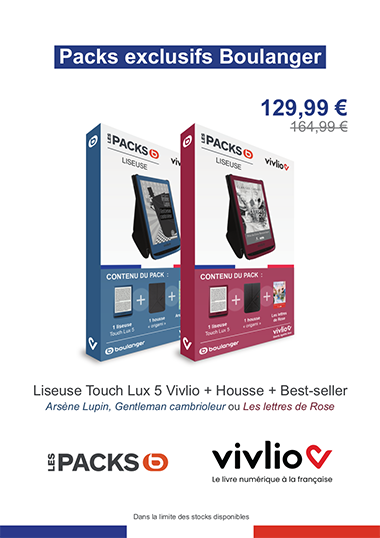 Affiche représentant les deux packs liseuses Vivlio, vendu chez Boulanger