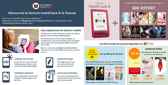 Encart publicitaire présentant la lecture numérique et les liseuses, la liseuse Touch Lux 3 et deux promomotions ebook.
