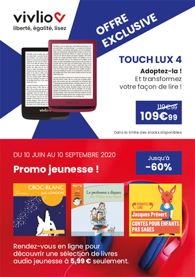 Publicité catalogue divisé entre une promotion pour la liseuse Touch Lux 4 et une promotion sur des audiobooks jeunesse.