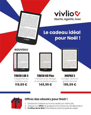 Publicité catalogue présentant la gamme de liseuses Vivlio.