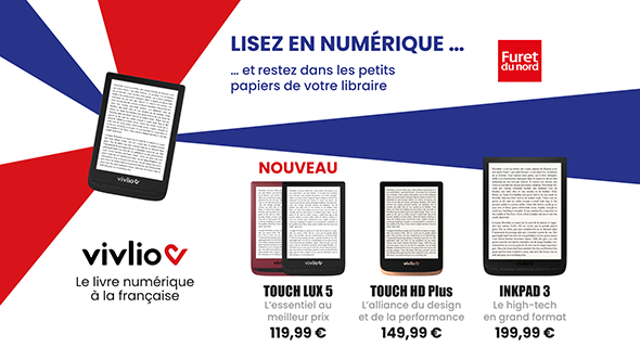Ecran présentant de la gamme des liseuses Vivlio dans les magasins Furet.