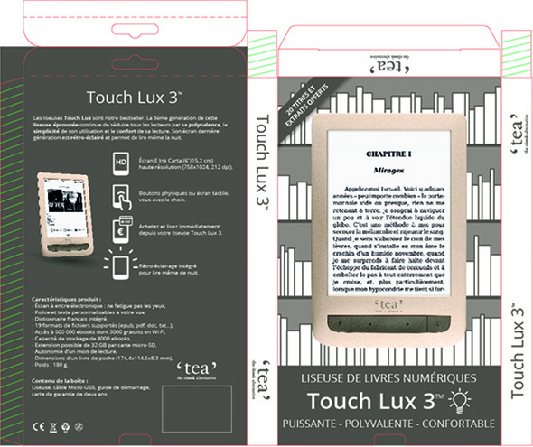 Packaging liseuse doré avec un fond bibliothèque doré.