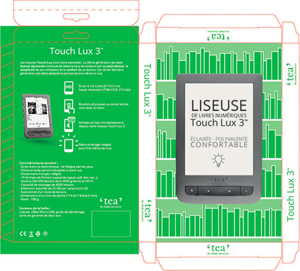 Packaging liseuse grise avec un fond bibliothèque vert.