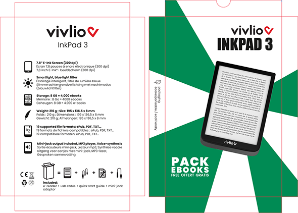 Packaging liseuse noire grand format avec des rayons vert en fond.