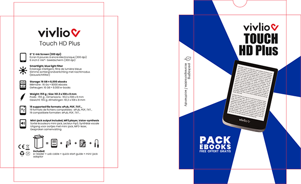Packaging liseuse HD cuivre avec des rayons bleus en fond.